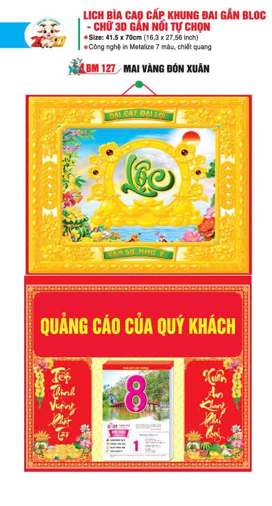 Bìa Lịch Treo Khung Đại Gắn Bloc BM 2027 BM127 - Mai Vàng Đón Xuân - Quà Tặng Công Đoàn